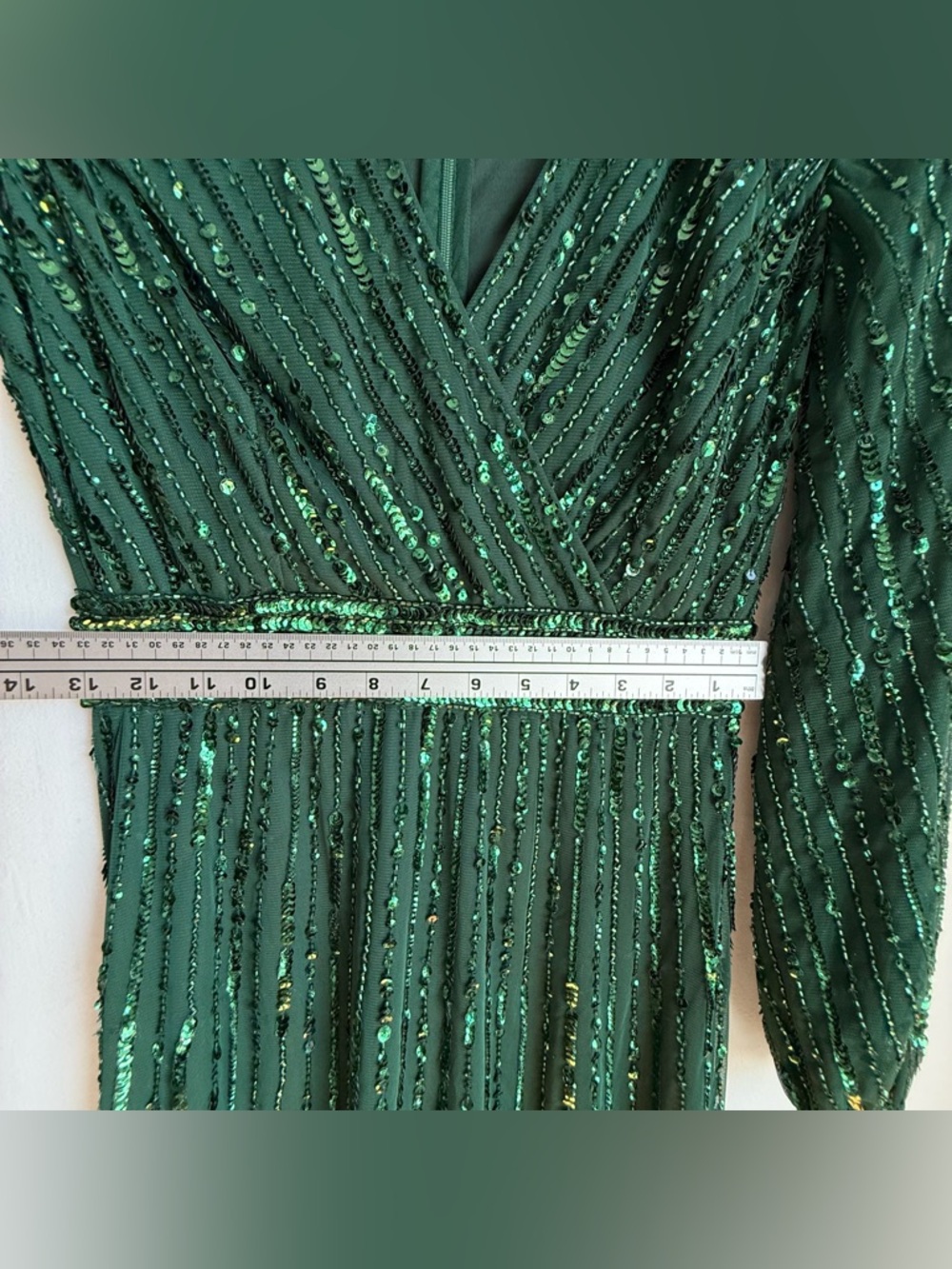 Mac Duggal Deep Green Beaded Long-Sleeve Evening Gown Size 6 New - Picture 13 of 14